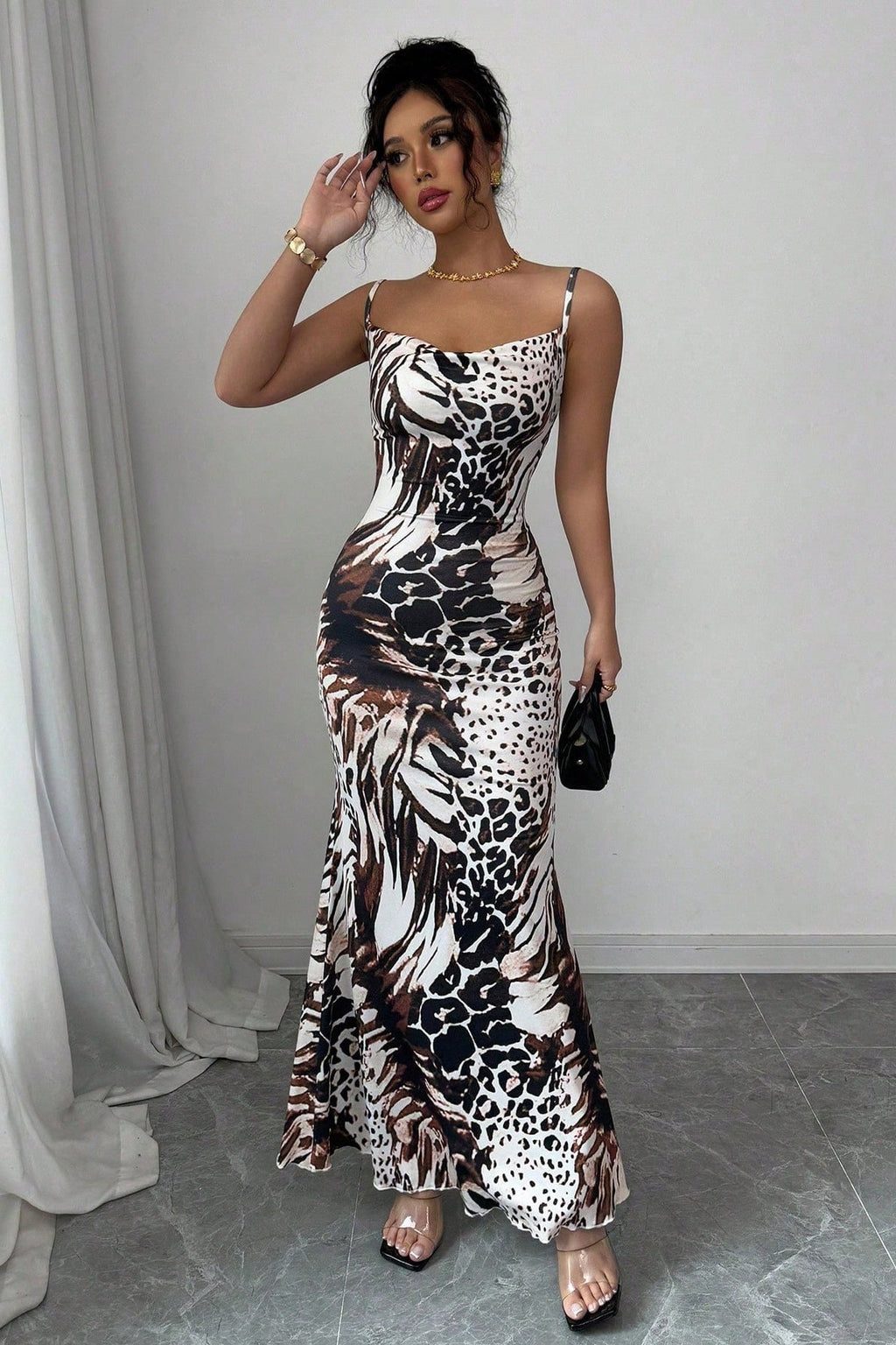 Slim Fit Leopard Backless Slip Maxi Dress
