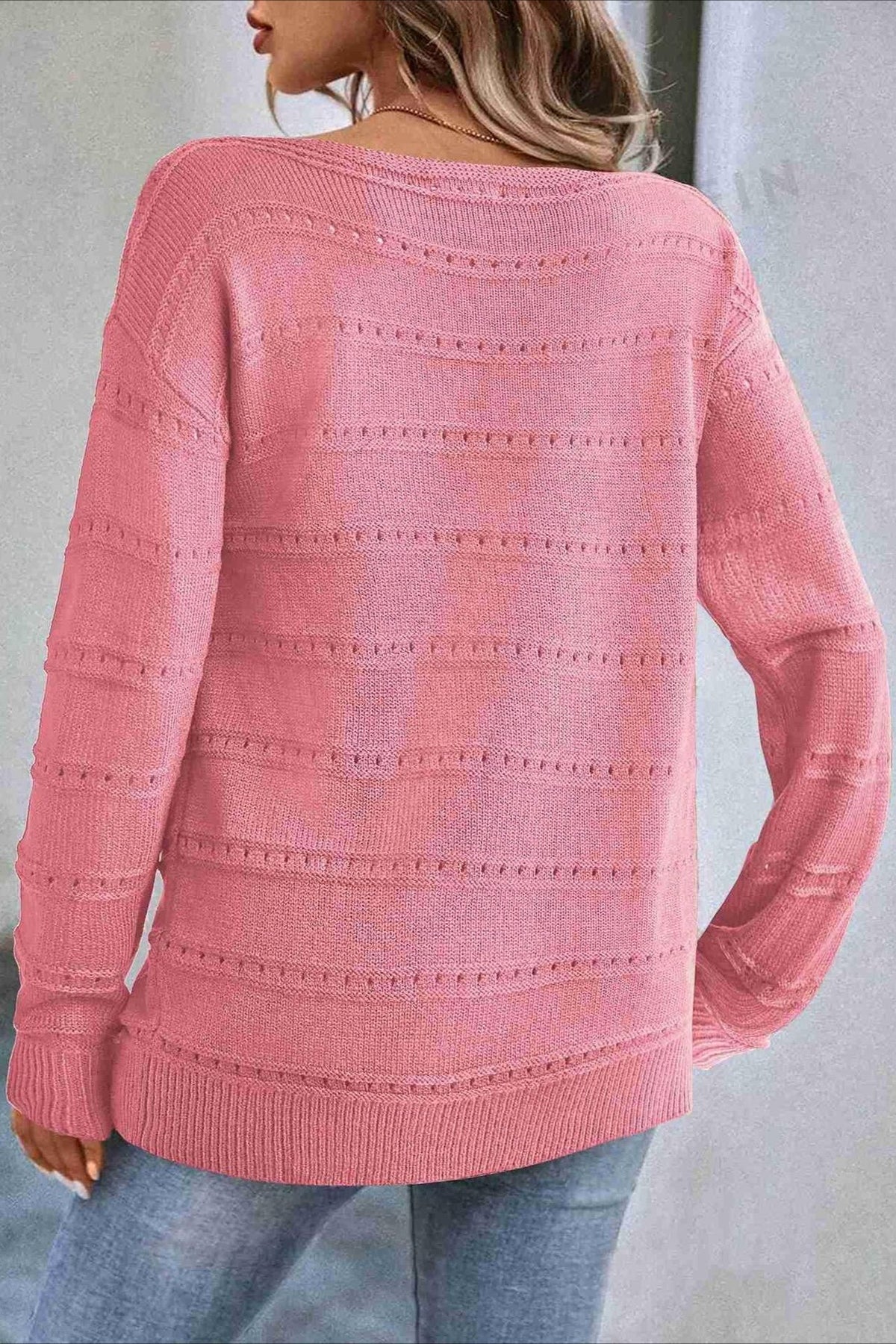 Openwork Boat Neck Relaxed Sweater