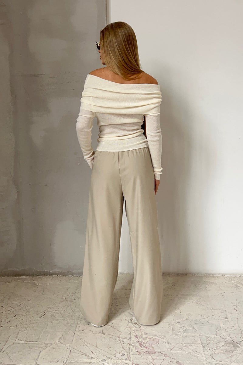 Off-Shoulder Fitted Crew Neck Knit Sweater
