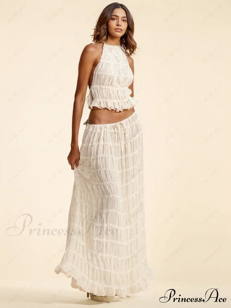 Charm Pleated Drawstring Charming Waist Tiered Maxi Skirt