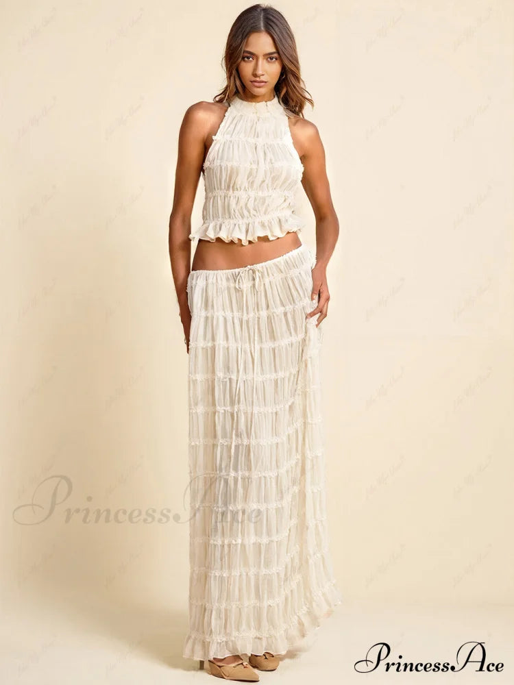 Charm Pleated Drawstring Charming Waist Tiered Maxi Skirt