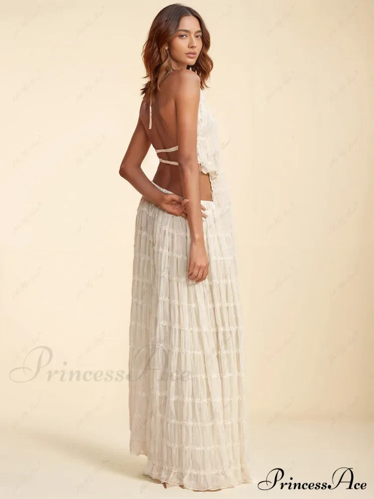 Charm Pleated Drawstring Charming Waist Tiered Maxi Skirt