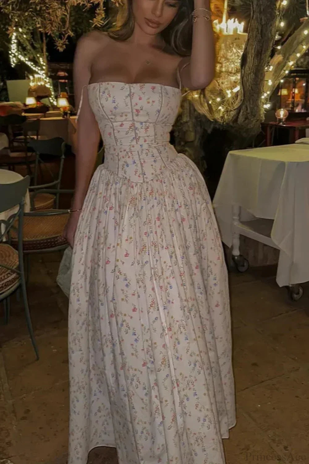 Chiffon Pleated Floral Off Shoulder Maxi Dress