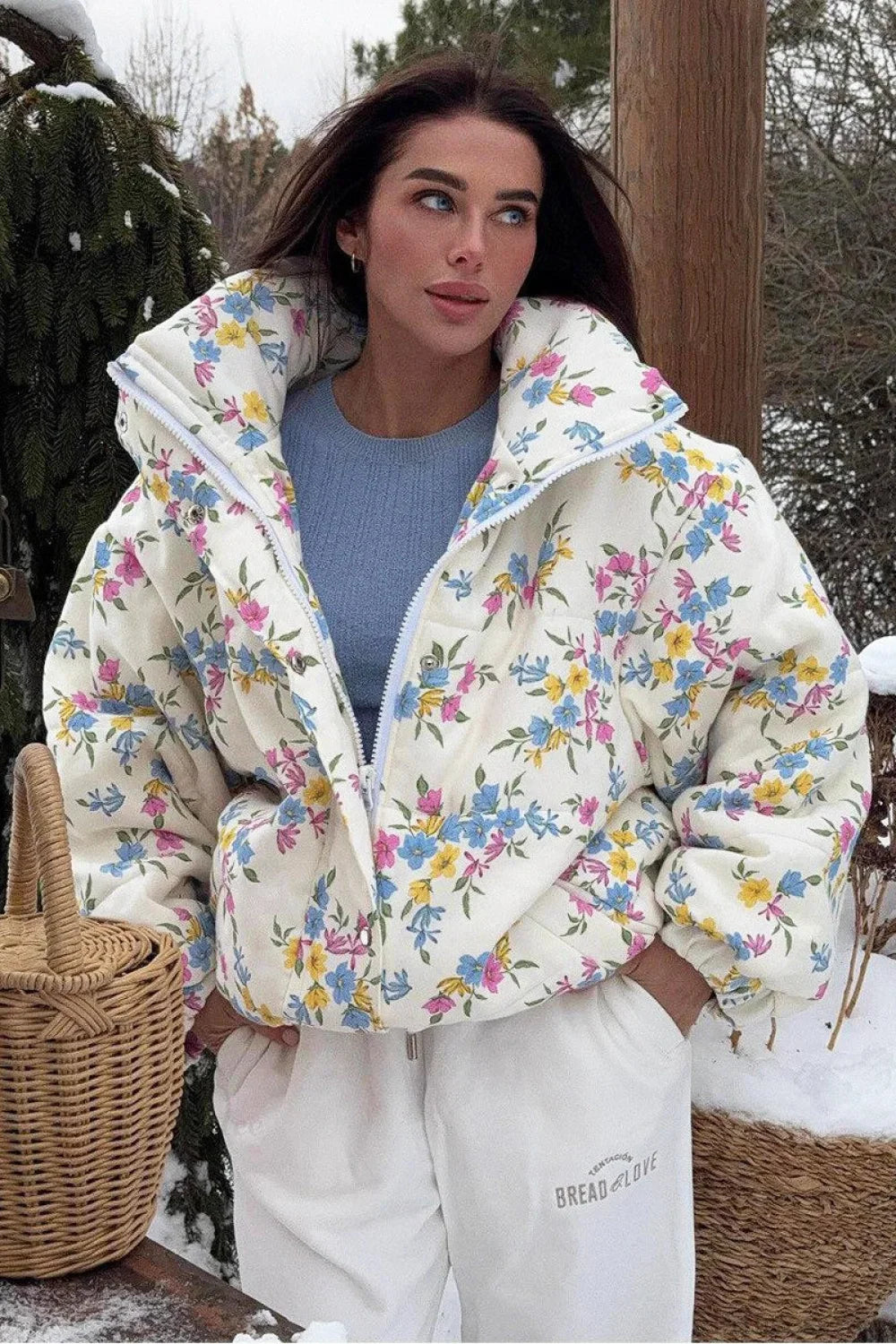 Colorful Print Stand Collar Zipper Cotton Blend Coat