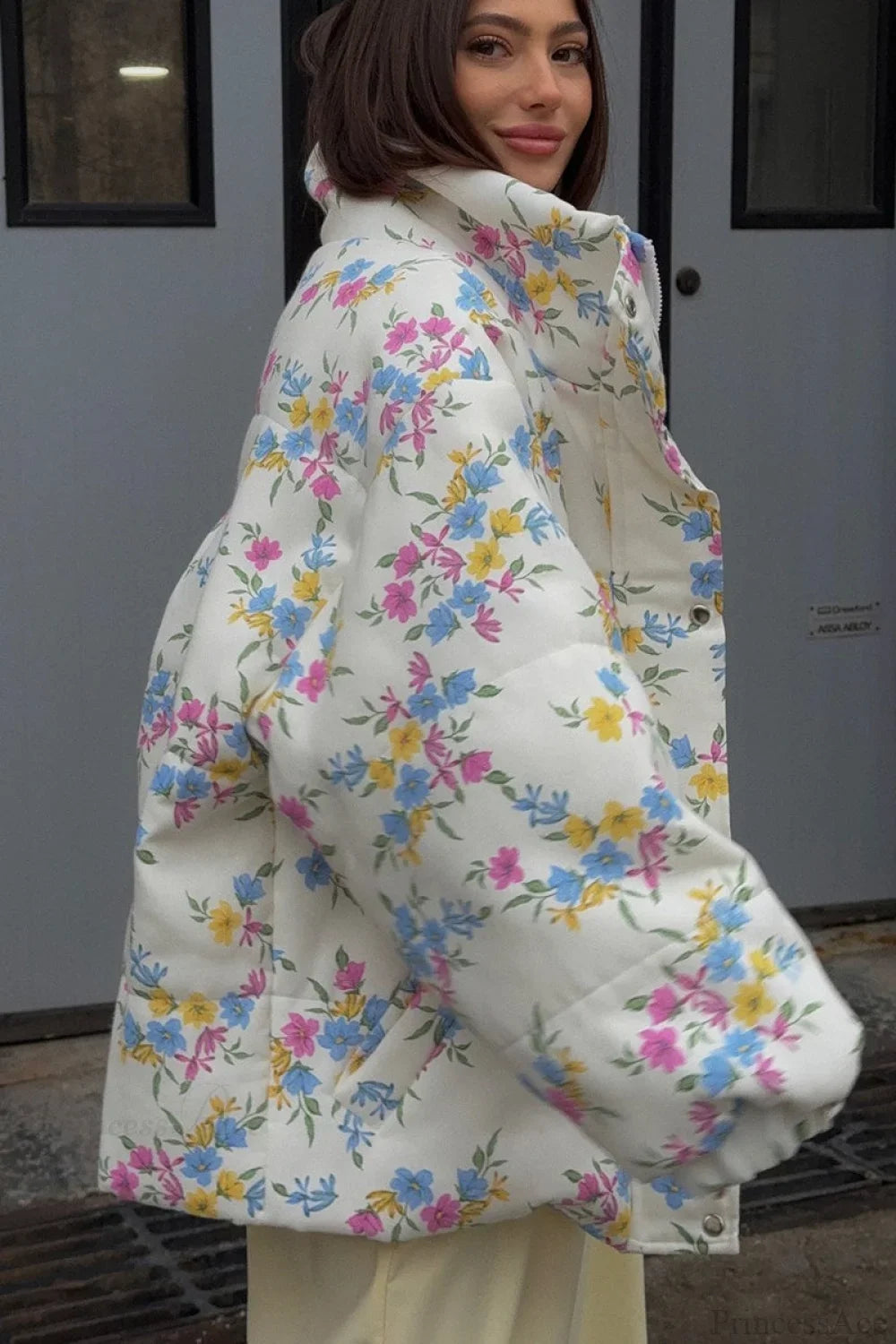 Colorful Print Stand Collar Zipper Cotton Blend Coat