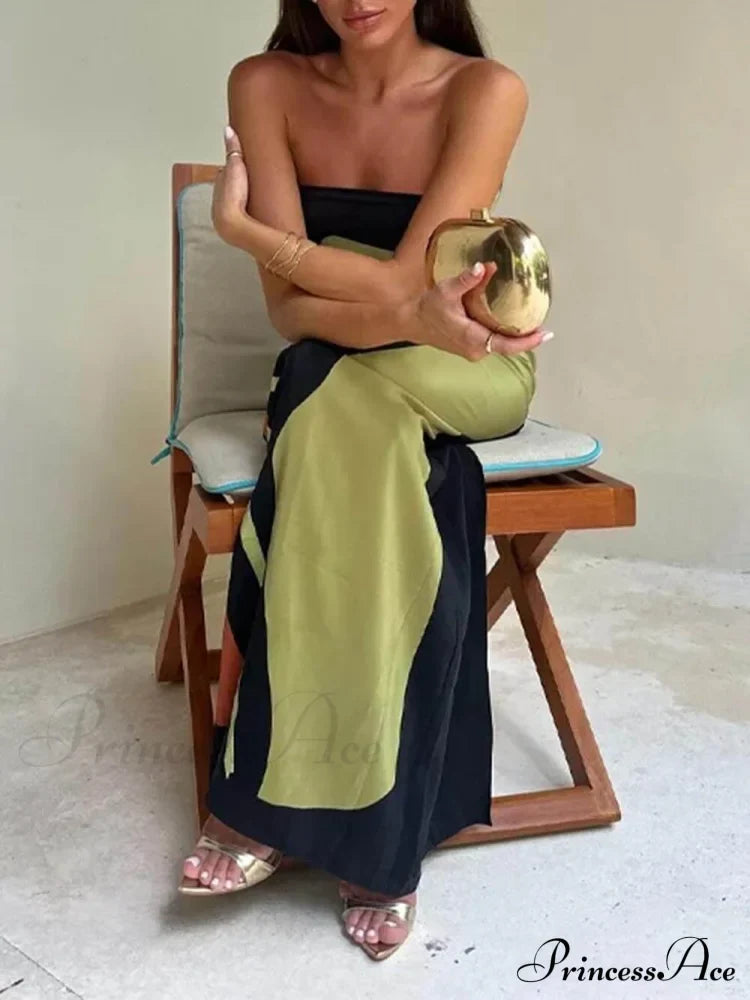 Contrast Sleeveless Off Charming Shoulder Printed Maxi Dress
