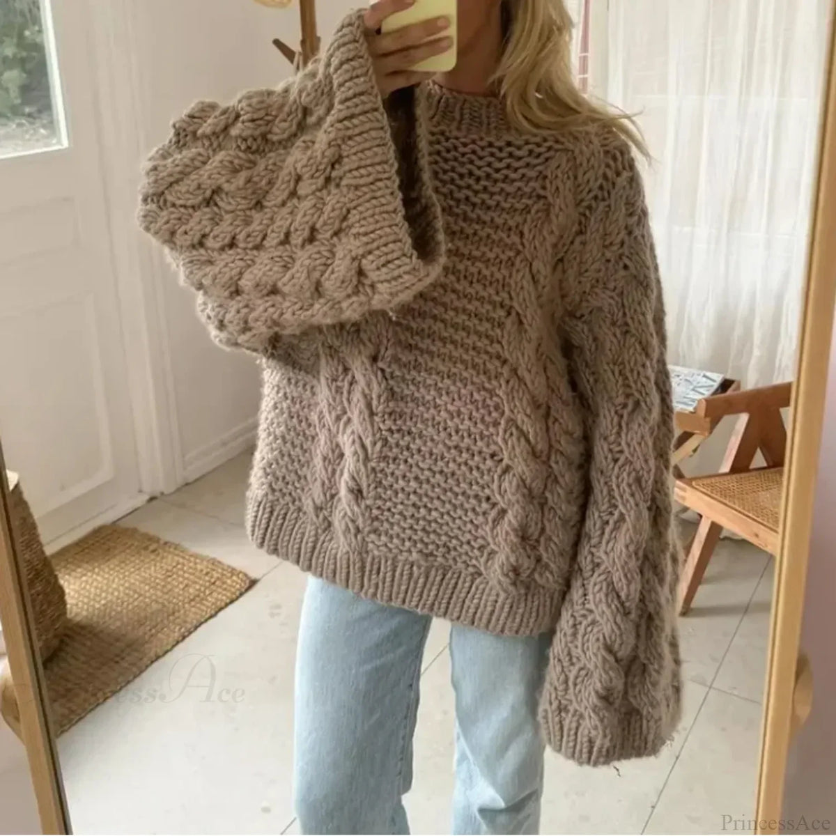Crewneck Flared Sleeve Fuzzy Sweater