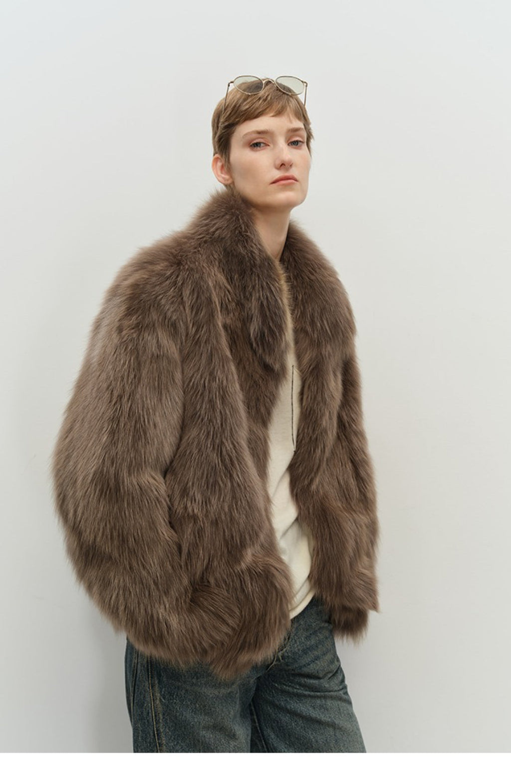Minimalist Mid-Length Faux Fur Stand Collar Coat