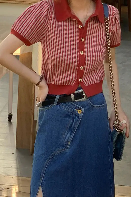 Thin Knit Turn-down Collar Short Sleeve Cardigan