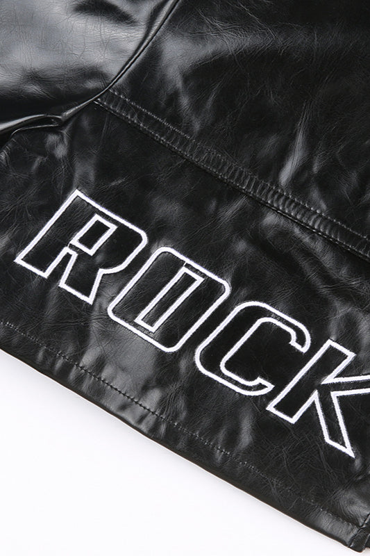 Embroidered Letter PU Leather Coat