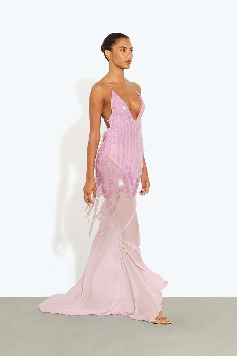 Sequin Mermaid V Neck Maxi Dress