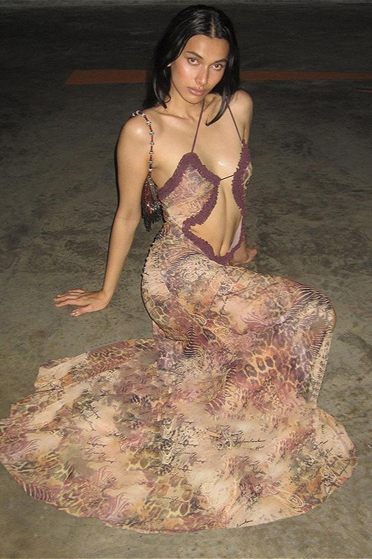 Floral Ruffle Hem Sleeveless Crop Maxi Dress