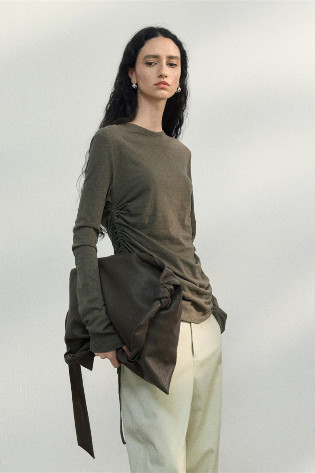 Fitted Textured Pleated Cotton Linen Knit Sweater
