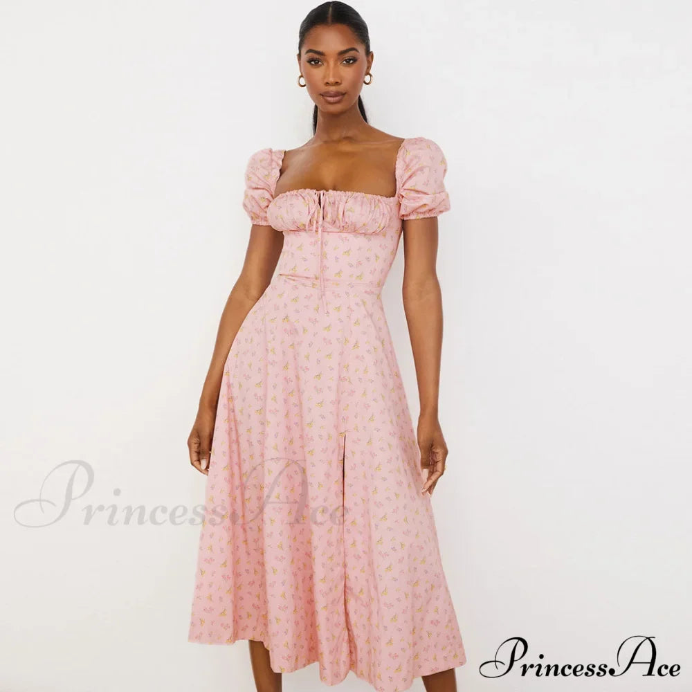 Daisy Printed Puff Sleeve High Slit Sophisticated Smock Maxi Sundress - Light Blue