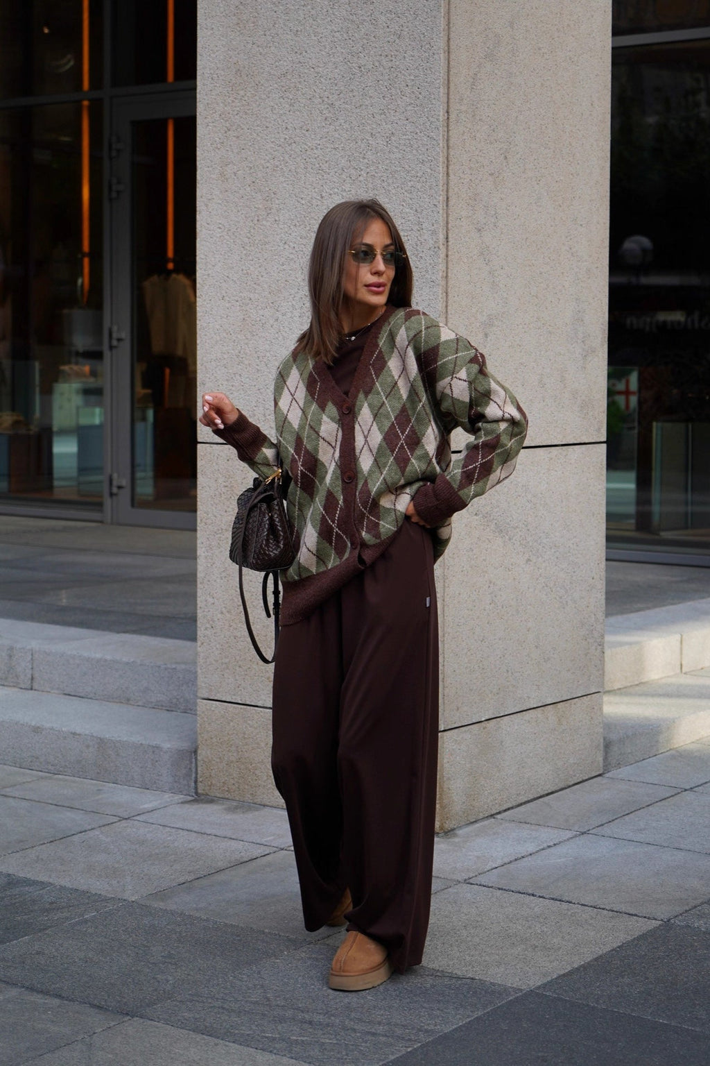 Thick Plaid V Neck Loose Long Sleeve Knit Cardigan