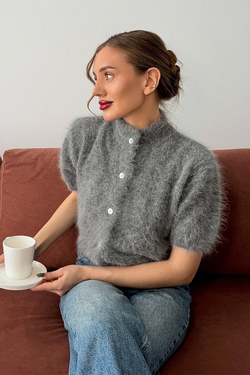 Fuzzy Short Sleeve Button Front Knit Sweater