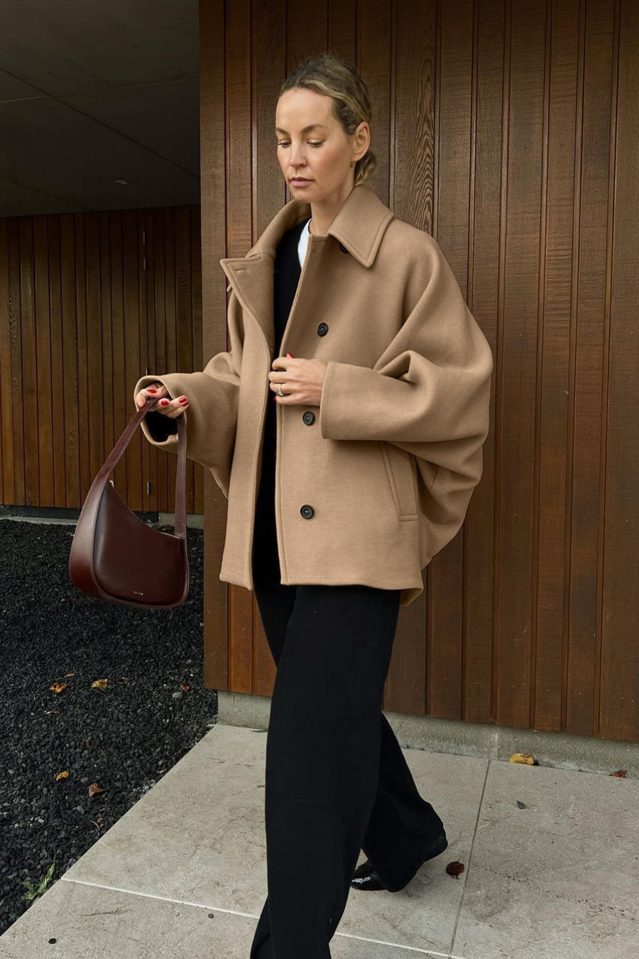 Solid Wool Notch Collar Bell Sleeve Coat