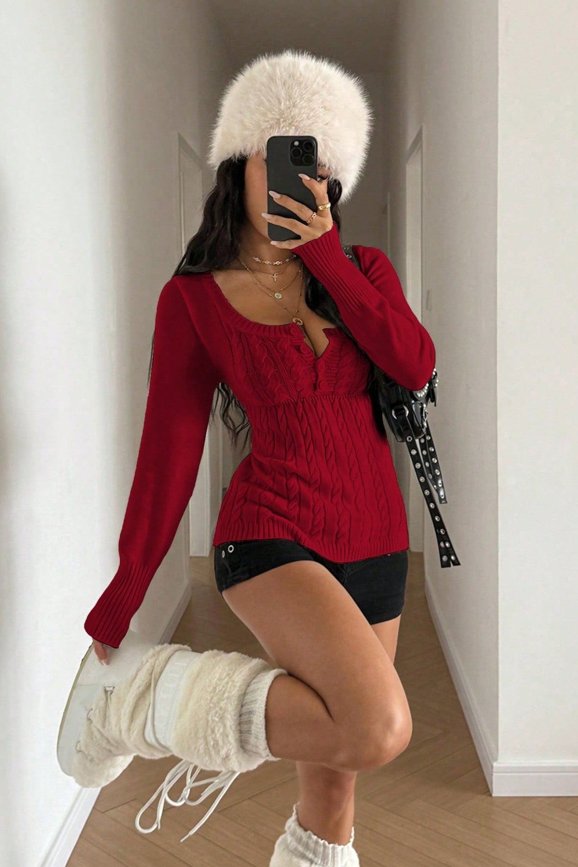 Cable Knit Square Neck Button Detail Sweater