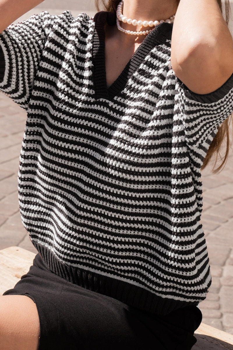 Striped Open Collar Short Sleeve Knit Sweater