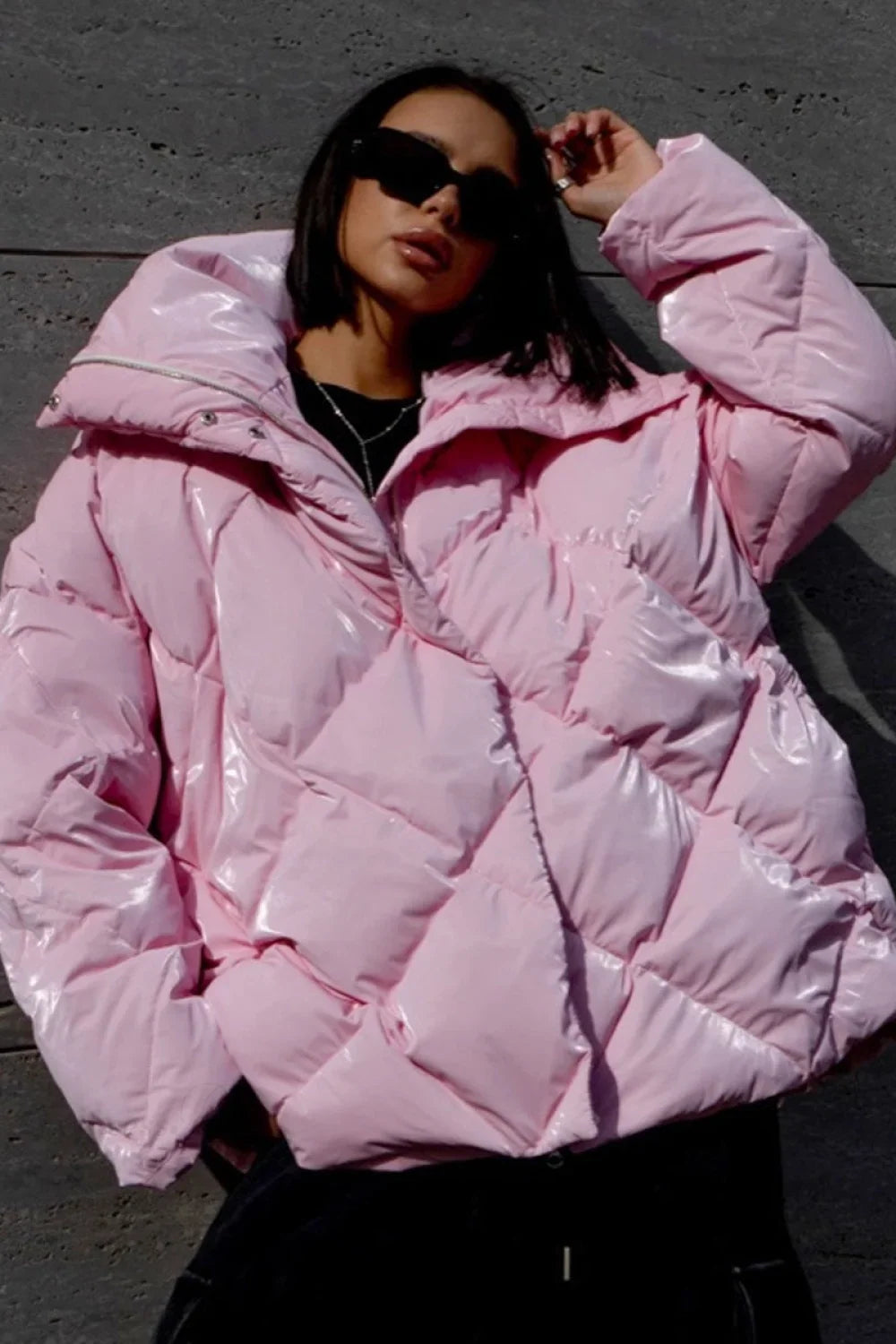 Diamond Quilted Matte Shiny Oversized Wide Lapel Coat