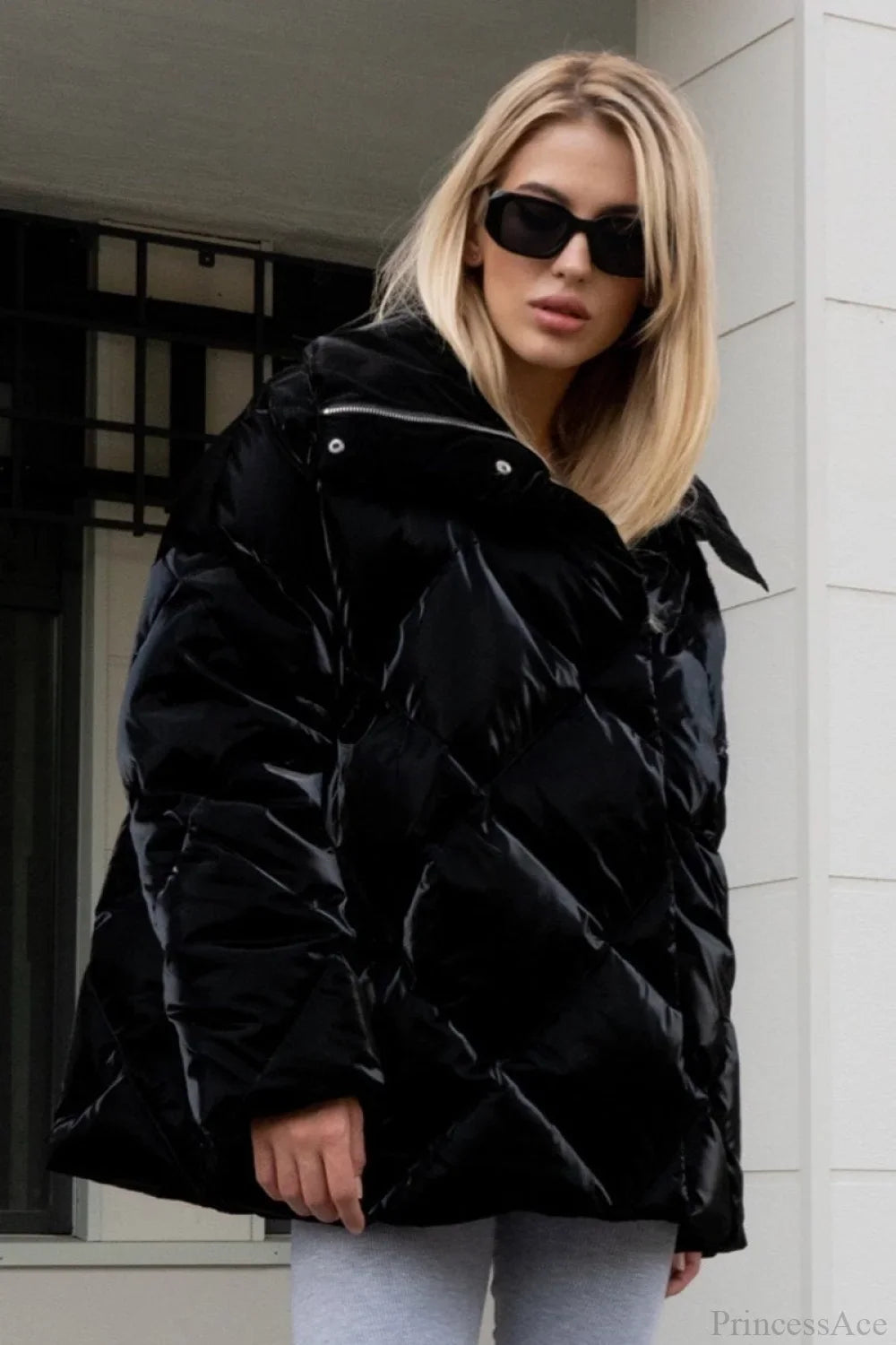 Diamond Quilted Matte Shiny Oversized Wide Lapel Coat