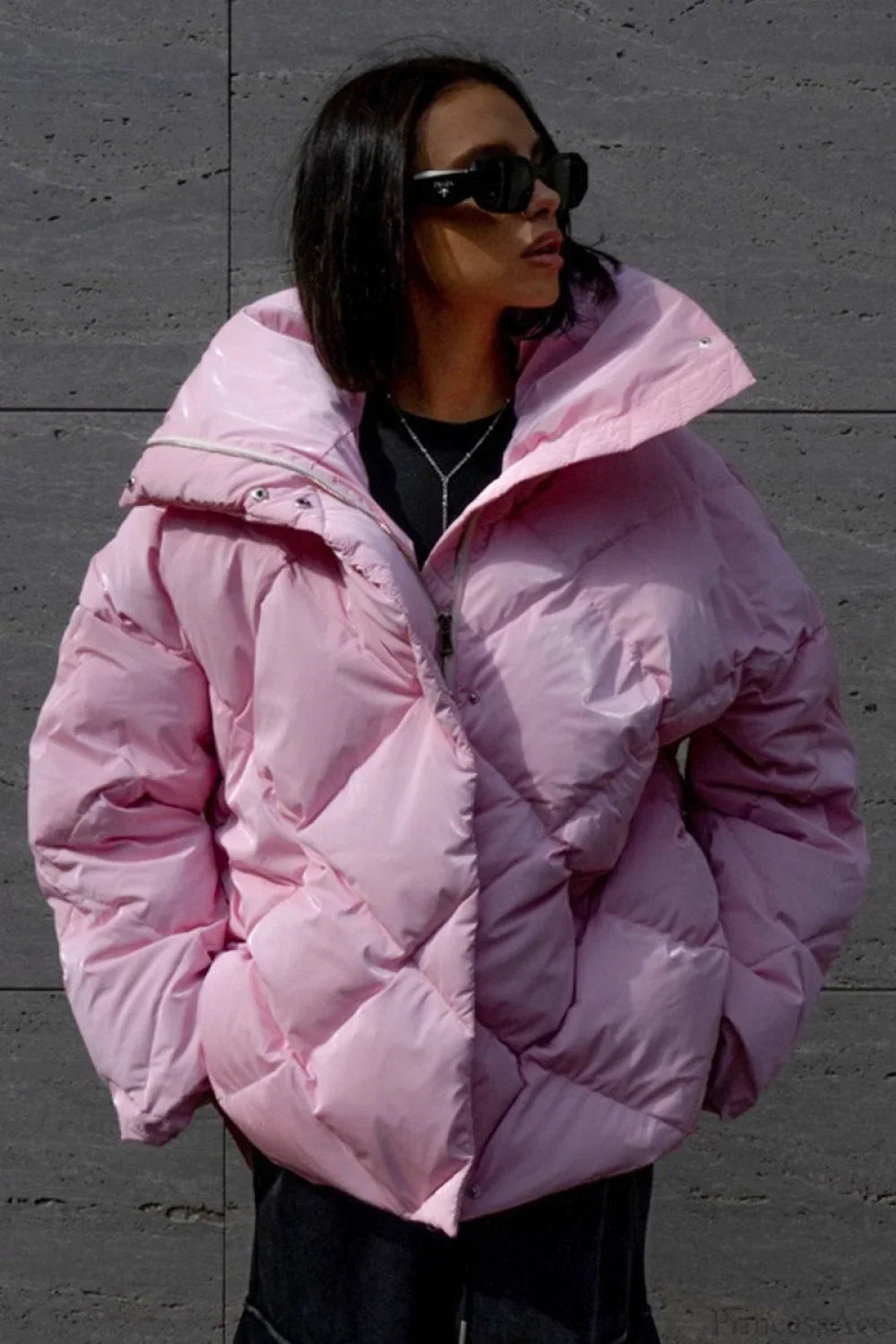 Diamond Quilted Matte Shiny Oversized Wide Lapel Coat