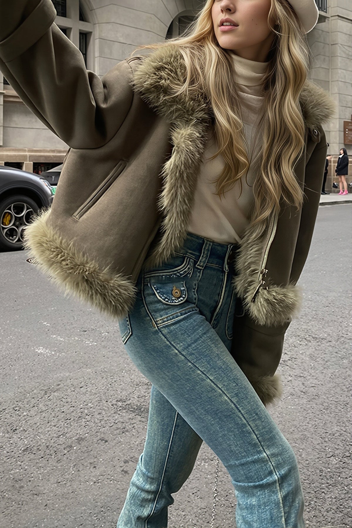 Oversized Fur Collar Suede Look Coat