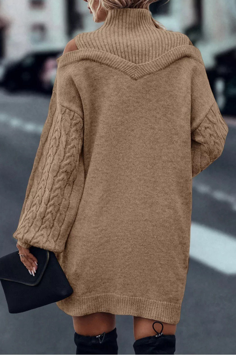 Cold Shoulder Turtleneck Balloon Sleeve Knit Sweater