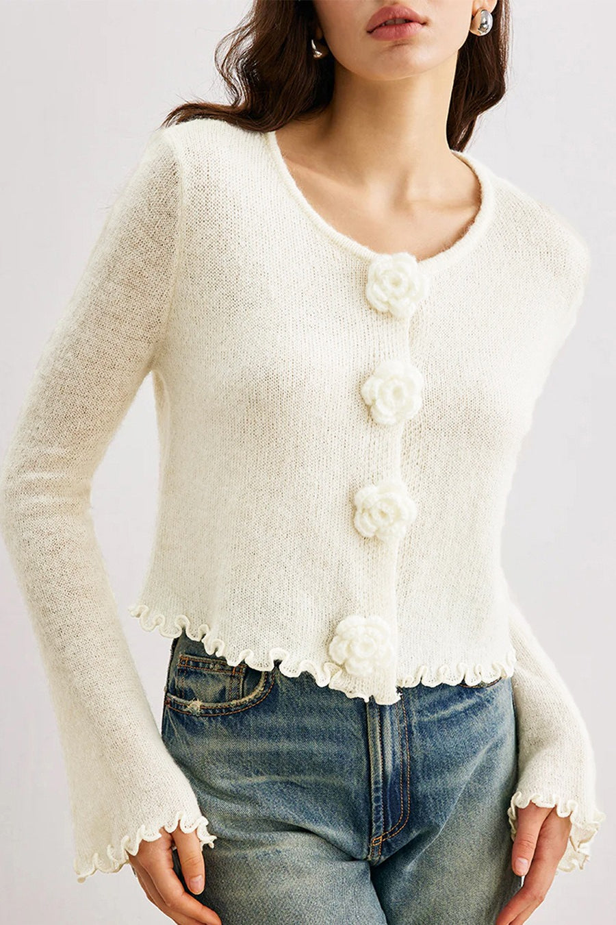 Slim-Fit 3D Floral Ruffled Pullover Knit Cardigan