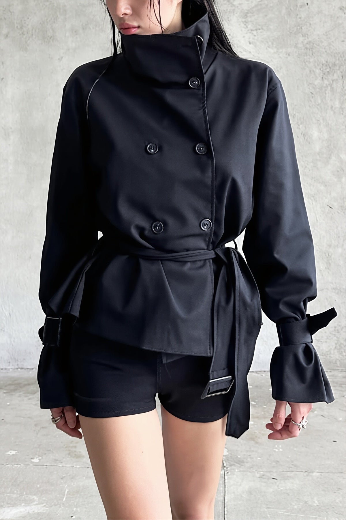 High Neck Belted Double Breasted Trench Coat