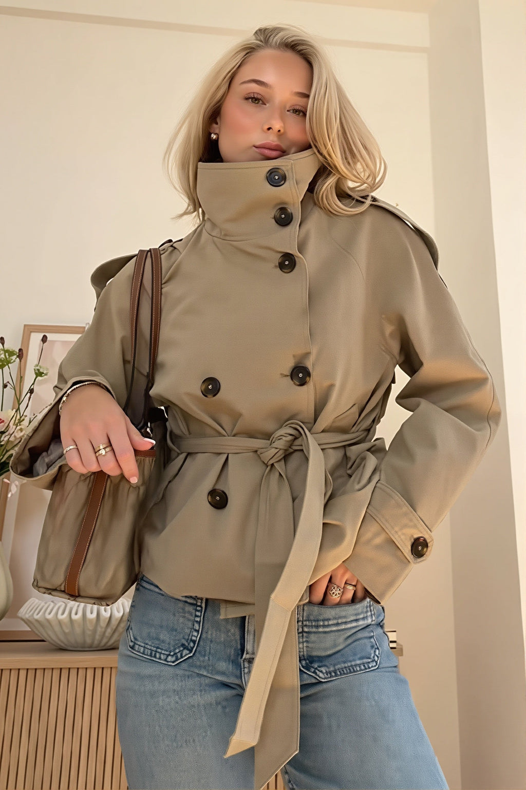 High Neck Double Breasted Short Trench Coat
