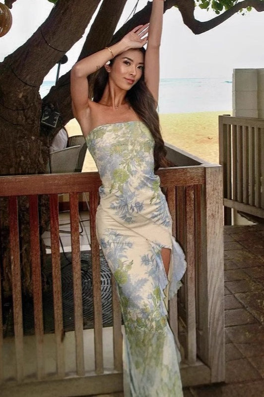 Oil Painting Print Strapless Bodycon Waist-Cinched Split Maxi Dress