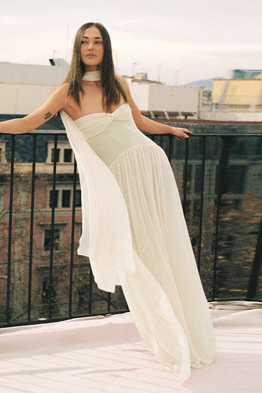 Strapless Flowy Ribbon Slim Waist Maxi Dress