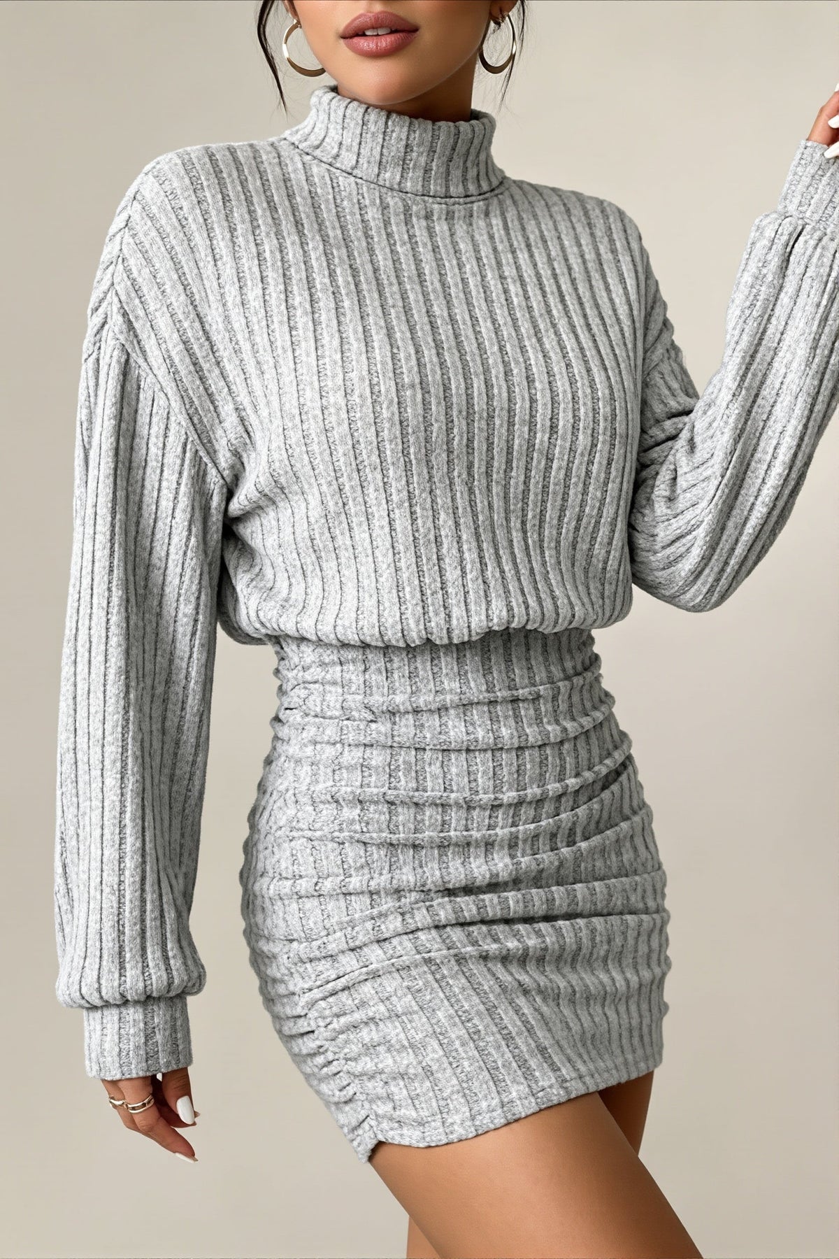 Ribbed Turtleneck Long Sleeve Mini Dress