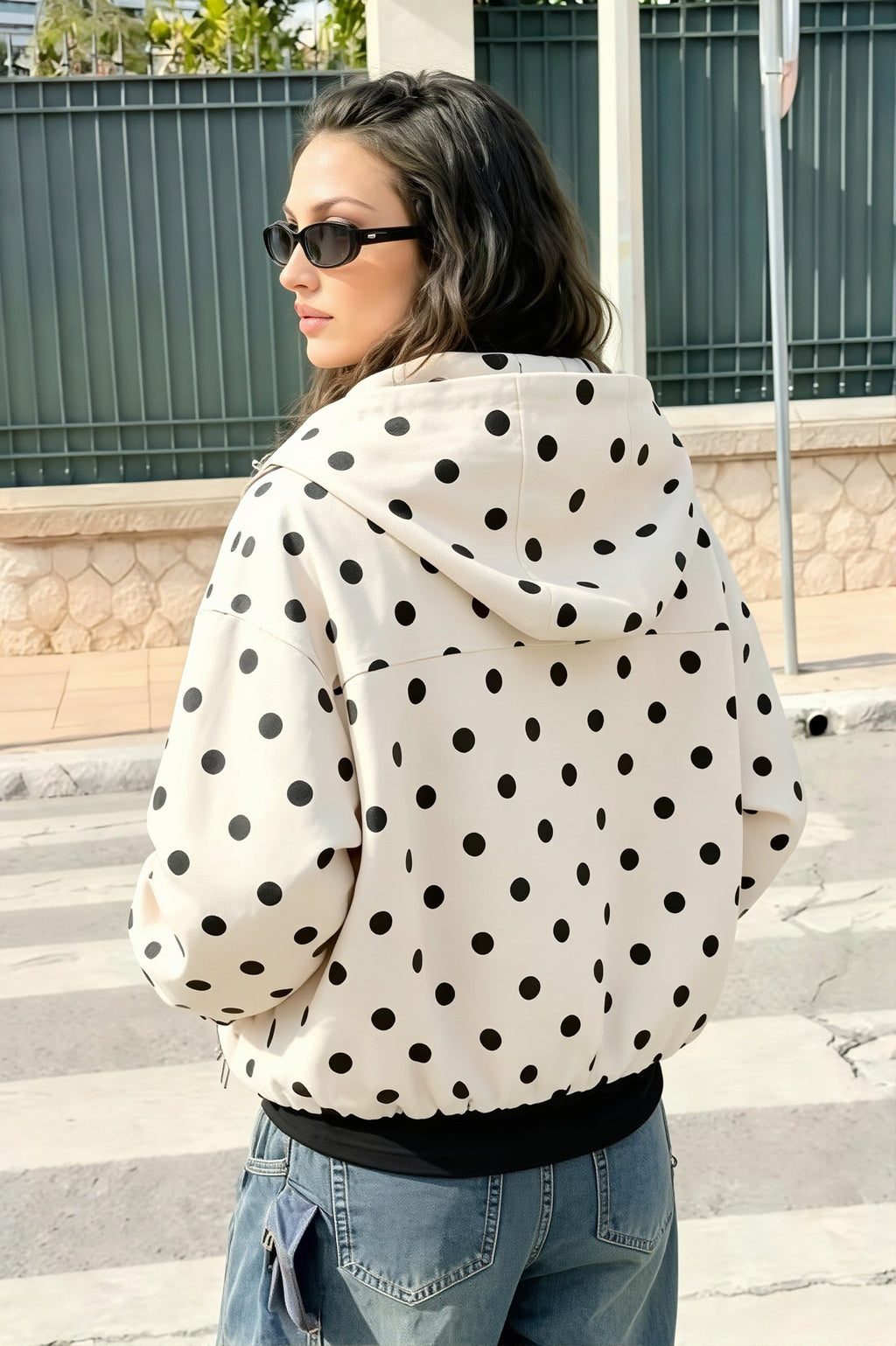 Polka Dot Hooded Cropped Coat