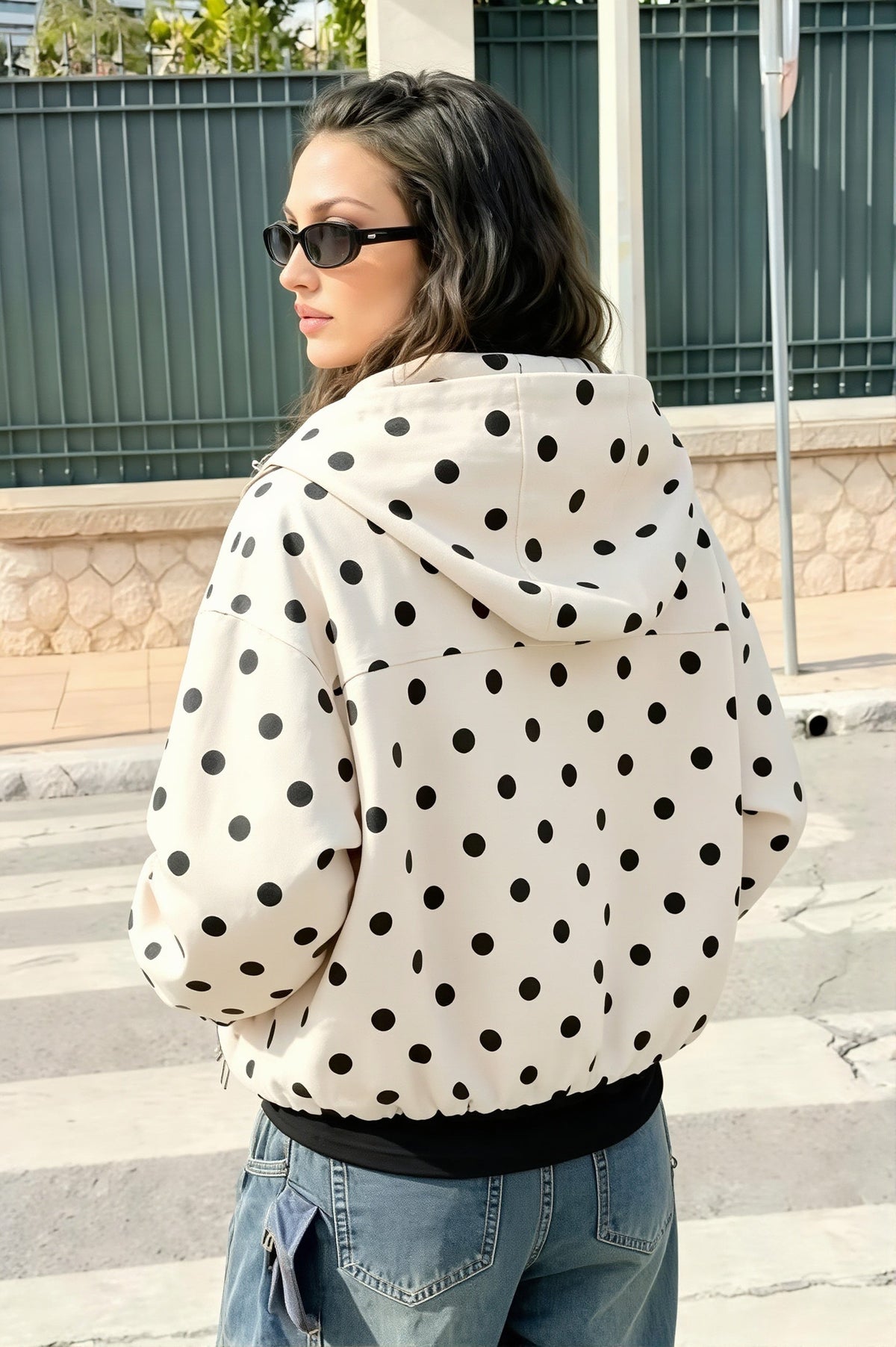 Polka Dot Hooded Cropped Coat
