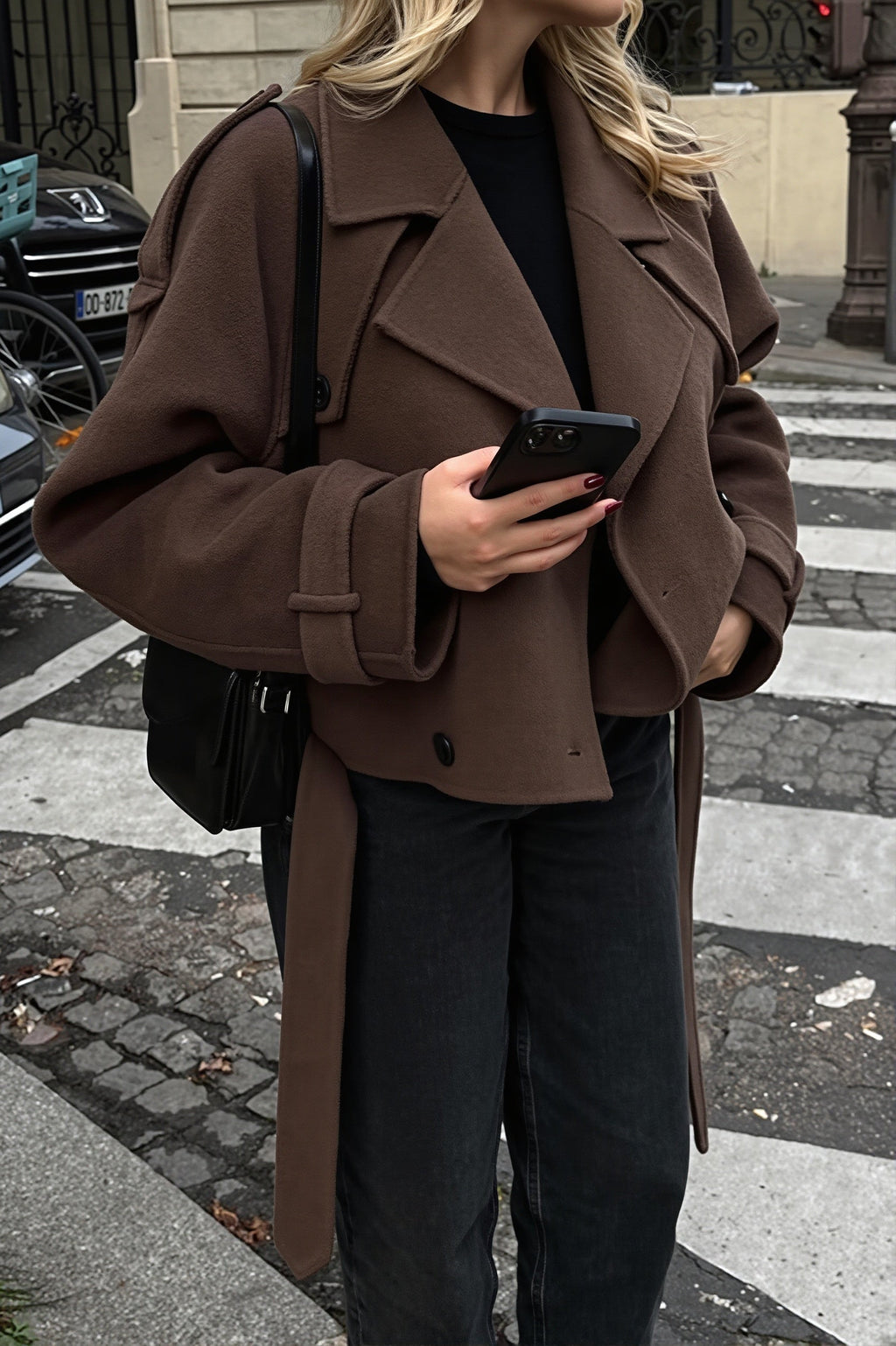 Wool Look Belted Double Breasted Coat