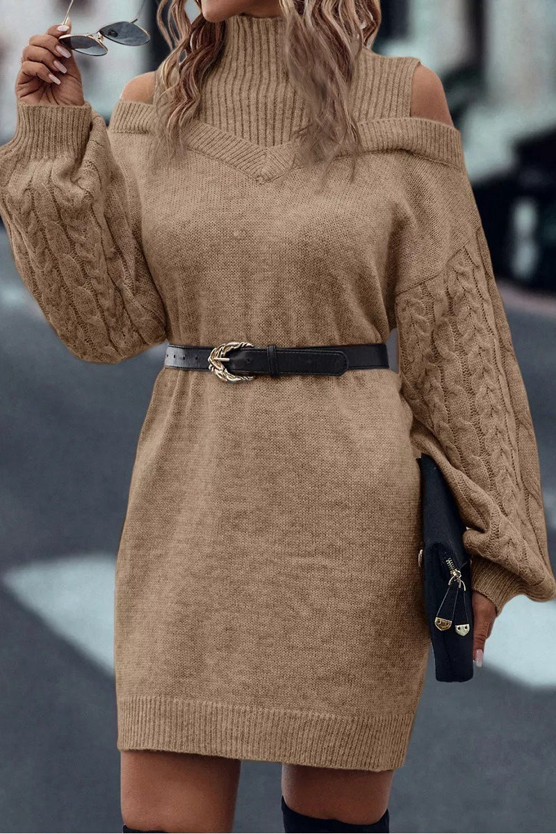 Cold Shoulder Turtleneck Balloon Sleeve Knit Sweater