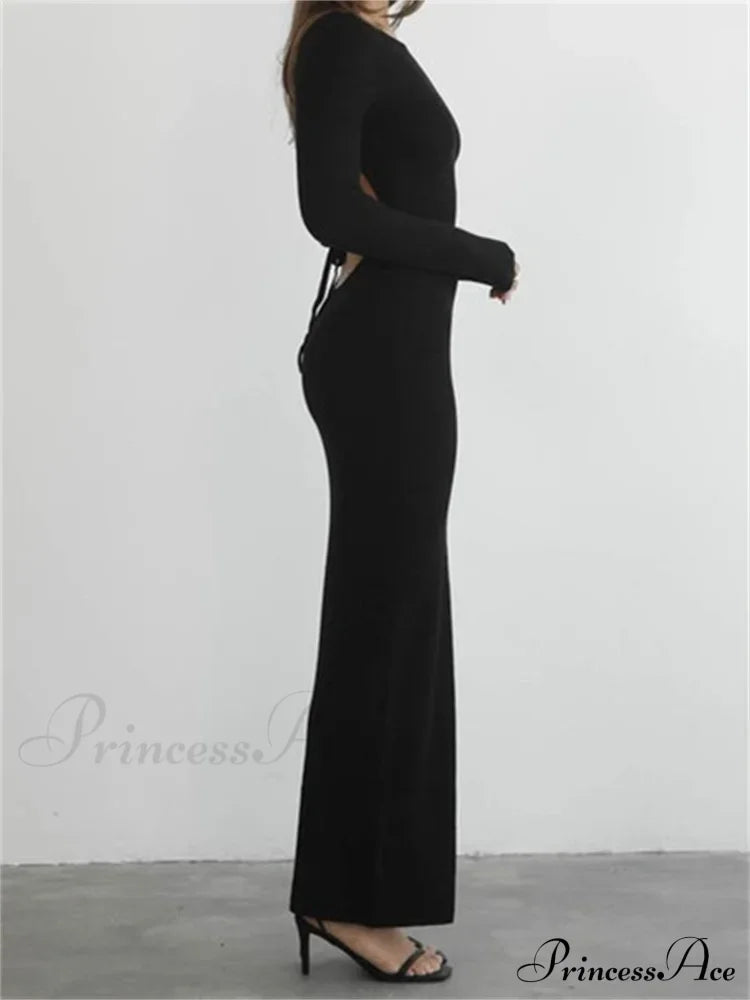 Elegant Women Round Neck Party Solid Color Sleeve Backless Tie Up Party Female Vestidos