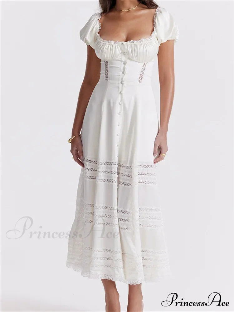 Elegant Women Short Sleeve Front Buttons Up Lace Hollow Out High Waist White OL Summer Vestidos