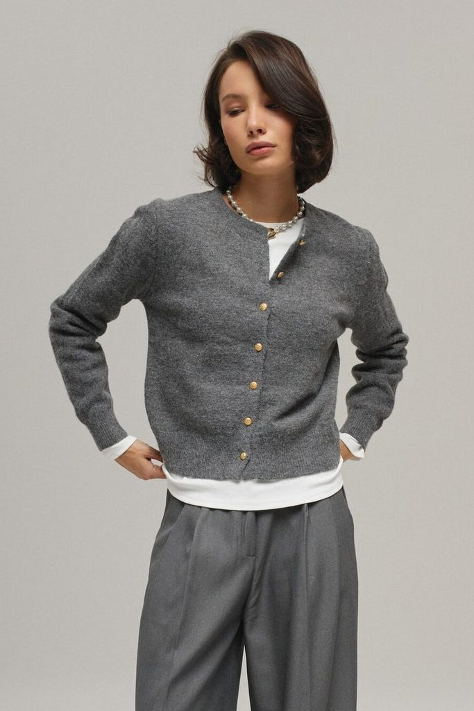 Minimalist Knitted Gold Buckle Crew Neck Cardigan
