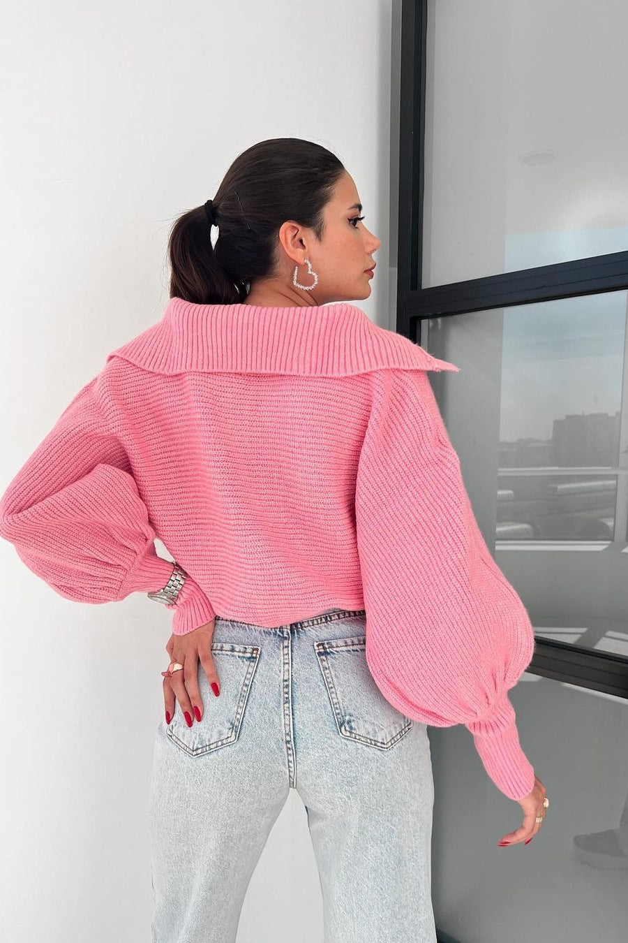 Lantern Sleeve Open Collar Knit Sweater