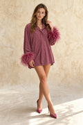 Solid Shiny Feathered Patchwork Stand Collar Coat