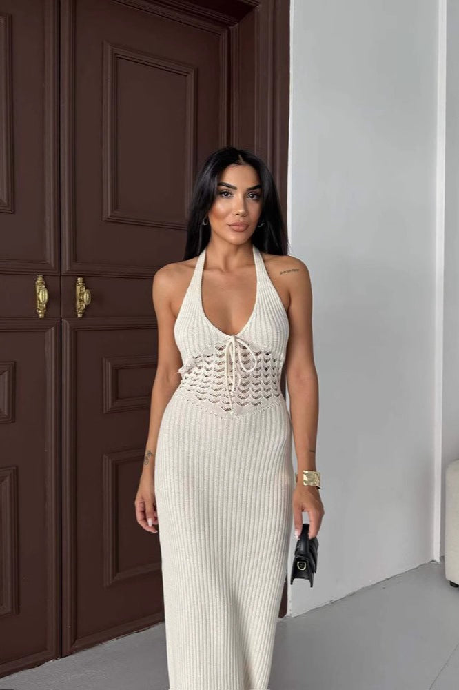 Sheer Halter Backless Maxi Dress