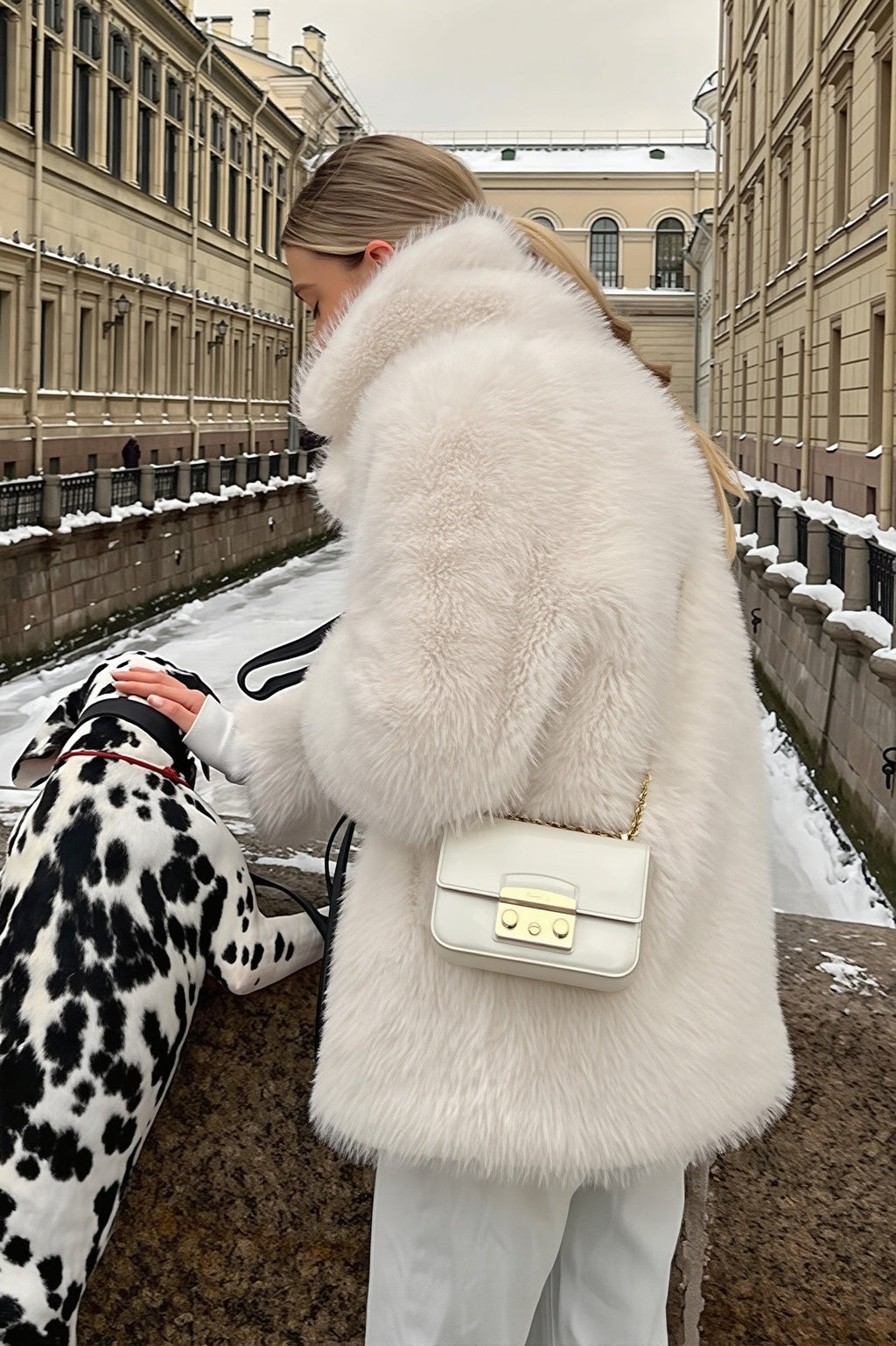 Solid Collar Mid Length Faux Fur Coat