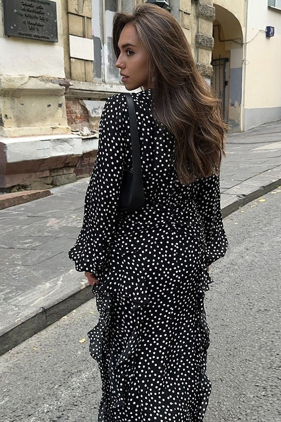 Vintage V-Neck Polka Dot Puff Sleeve A-Line Maxi Dress