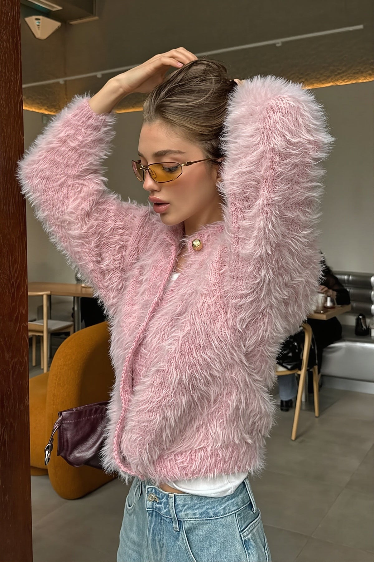 Fuzzy Round Neck Gold Button Cardigan