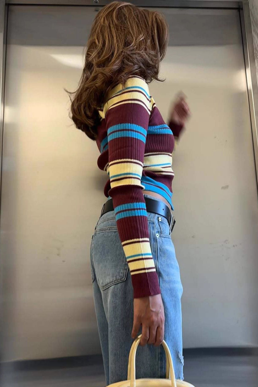 Multicolor Stripe Polo Collar Cardigan