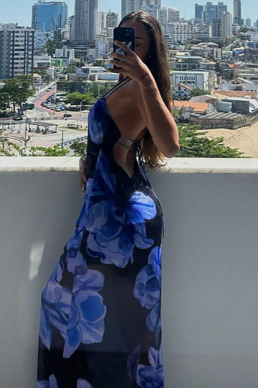 Sheer Printed Halter Neck Strappy Maxi Dress