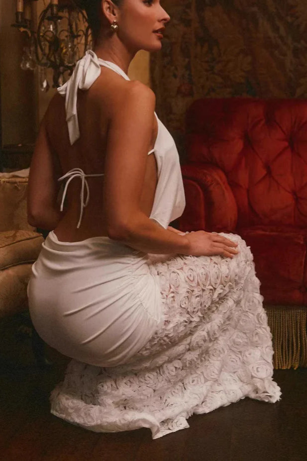 Backless Floral Appliqué Strappy Maxi Dress